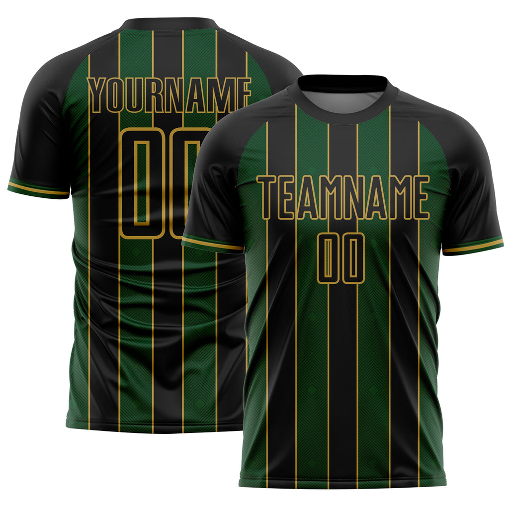 Custom Black Green-Old Gold Pinstripe Line Sports Sublimation Soccer Uniform Jersey
