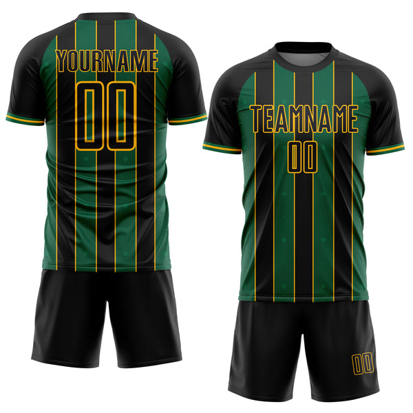 Custom Black Kelly Green-Gold Pinstripe Line Sports Sublimation Soccer Uniform Jersey