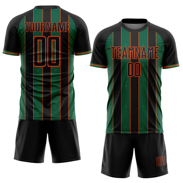 Custom Black Kelly Green-Orange Pinstripe Line Sports Sublimation Soccer Uniform Jersey