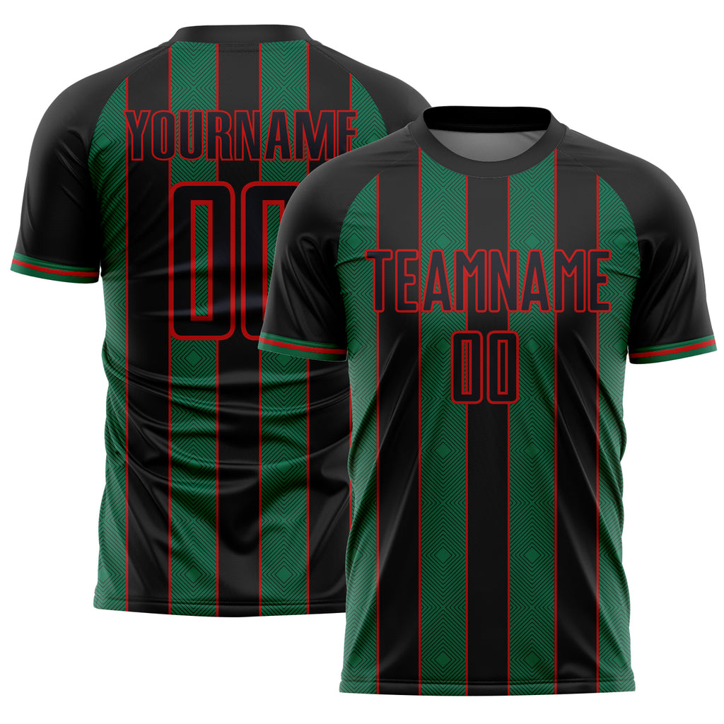 Custom Black Kelly Green-Red Pinstripe Line Sports Sublimation Soccer Uniform Jersey