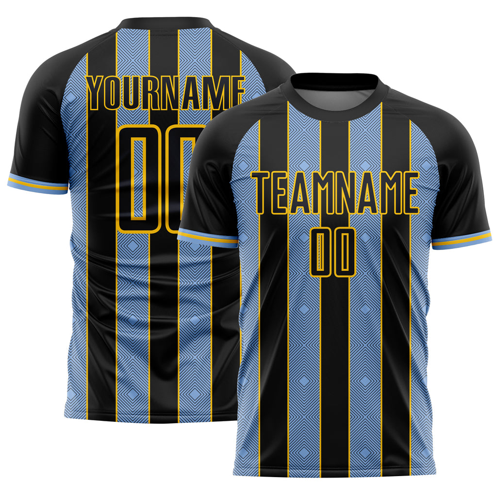 Custom Black Light Blue-Yellow Pinstripe Line Sports Sublimation Soccer Uniform Jersey