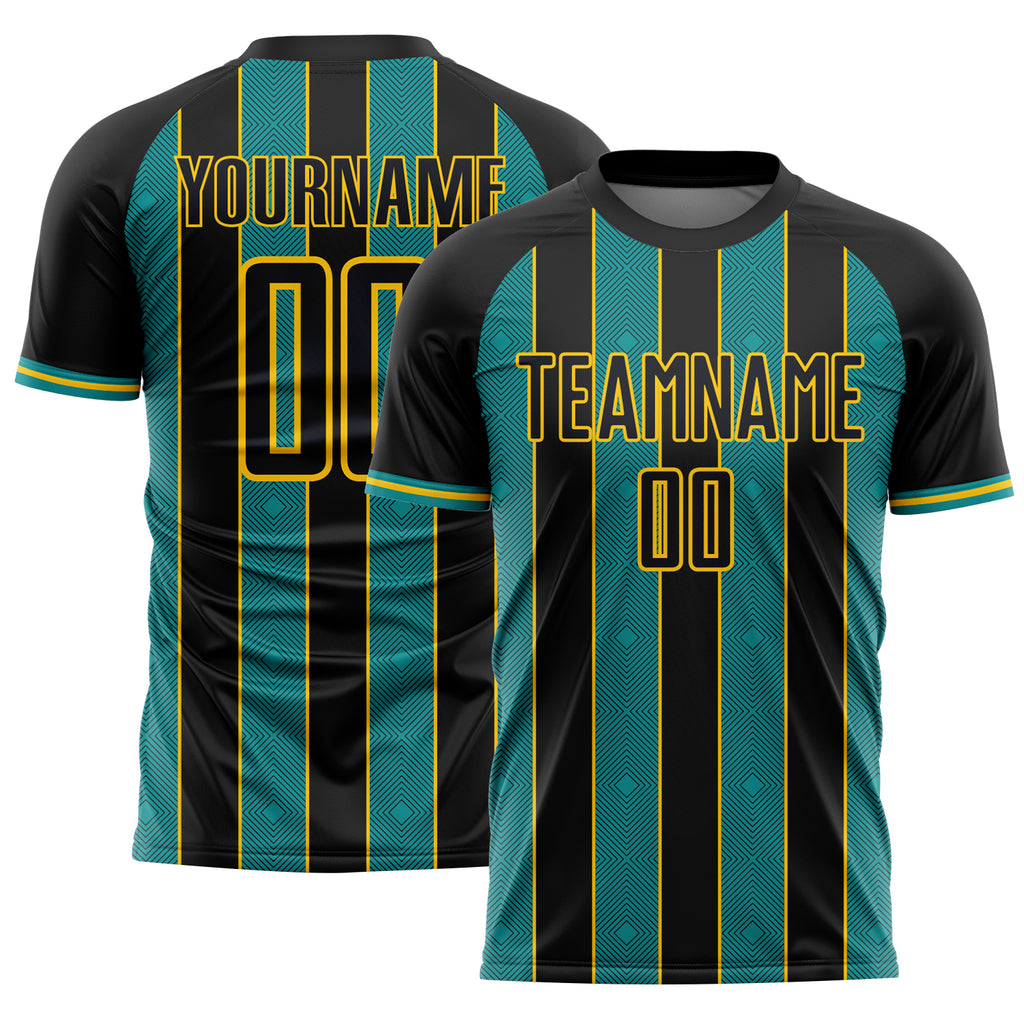 Custom Black Teal-Yellow Pinstripe Line Sports Sublimation Soccer Uniform Jersey