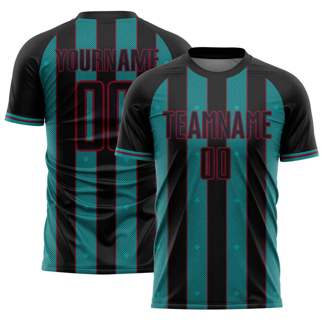 Custom Black Teal-Crimson Pinstripe Line Sports Sublimation Soccer Uniform Jersey