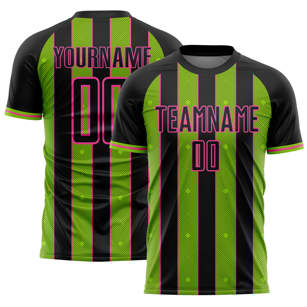 Custom Black Neon Green-Pink Pinstripe Line Sports Sublimation Soccer Uniform Jersey