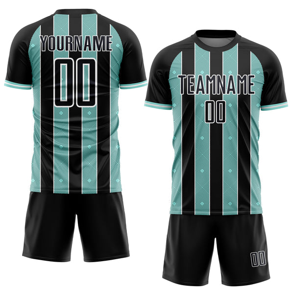 Custom Black Ice Blue-White Pinstripe Line Sports Sublimation Soccer Uniform Jersey