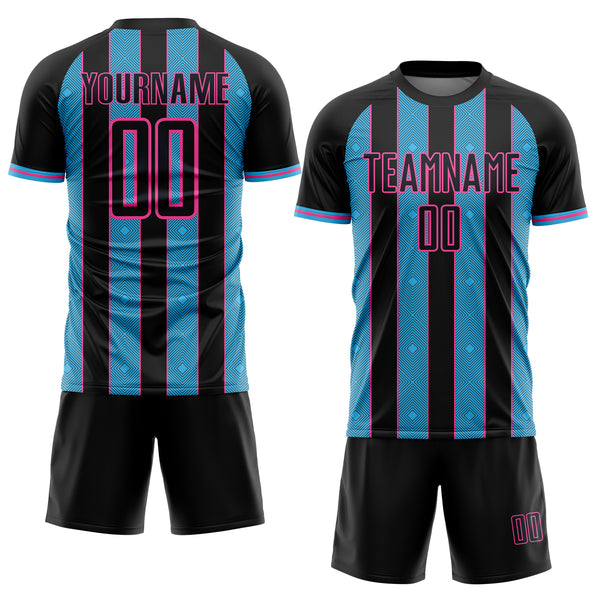 Custom Black Sky Blue-Pink Pinstripe Line Sports Sublimation Soccer Uniform Jersey