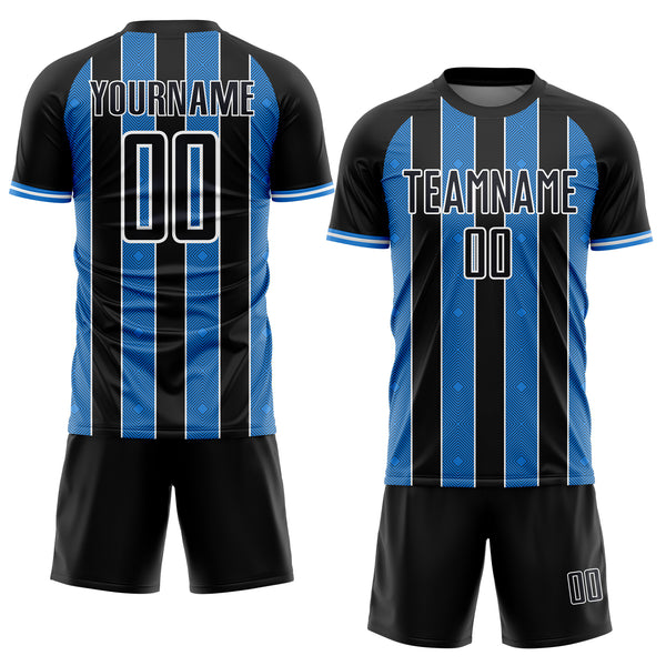 Custom Black Powder Blue-White Pinstripe Line Sports Sublimation Soccer Uniform Jersey