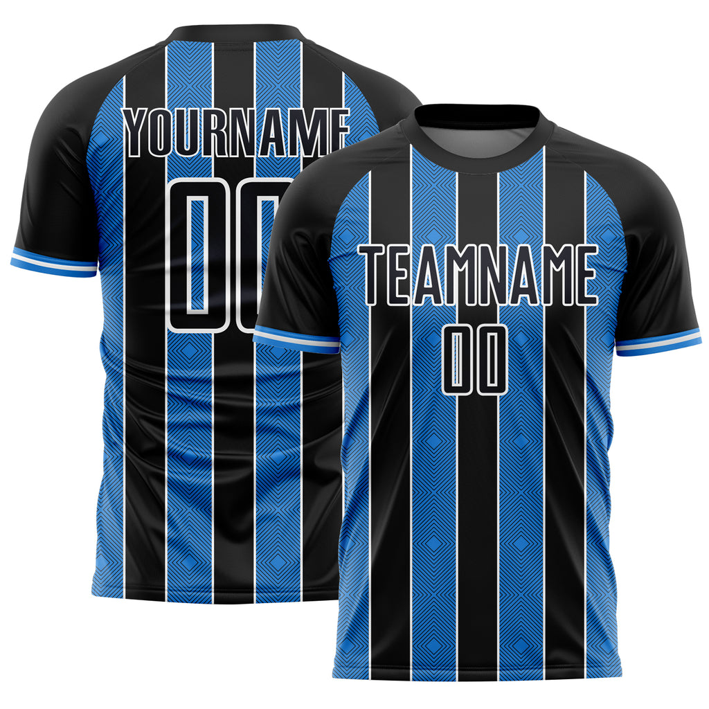 Custom Black Powder Blue-White Pinstripe Line Sports Sublimation Soccer Uniform Jersey