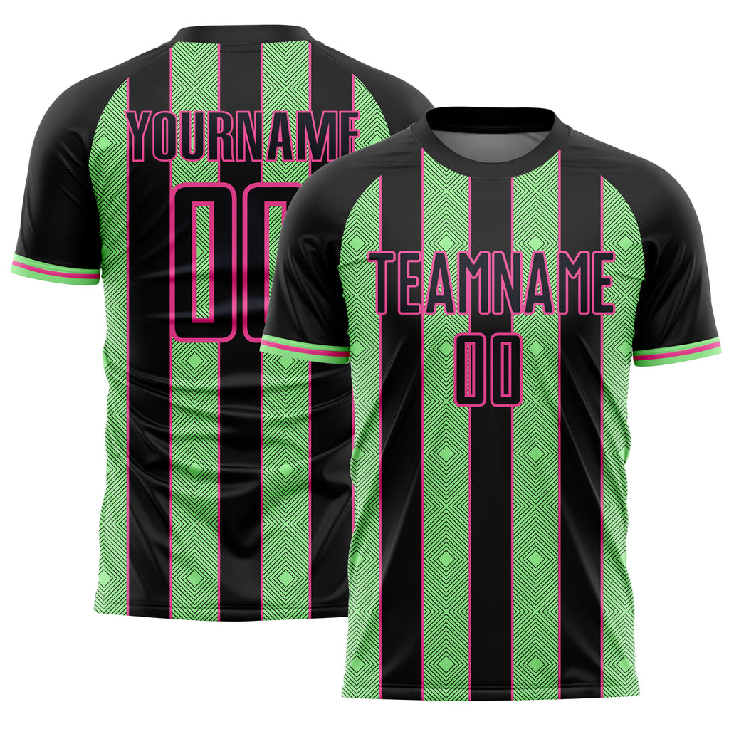 Custom Black Pea Green-Pink Pinstripe Line Sports Sublimation Soccer Uniform Jersey