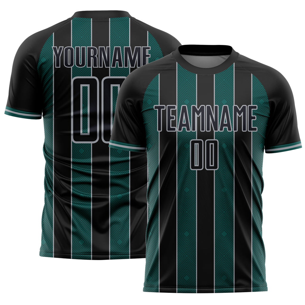 Custom Black Midnight Green-Gray Pinstripe Line Sports Sublimation Soccer Uniform Jersey