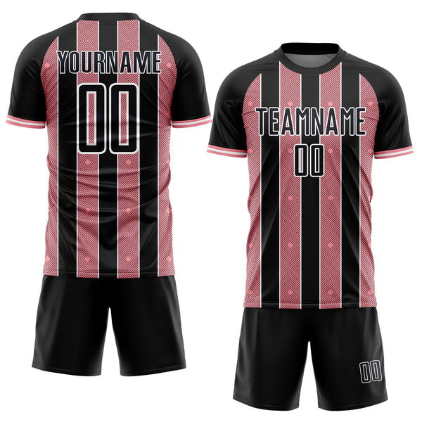 Custom Black Medium Pink-White Pinstripe Line Sports Sublimation Soccer Uniform Jersey