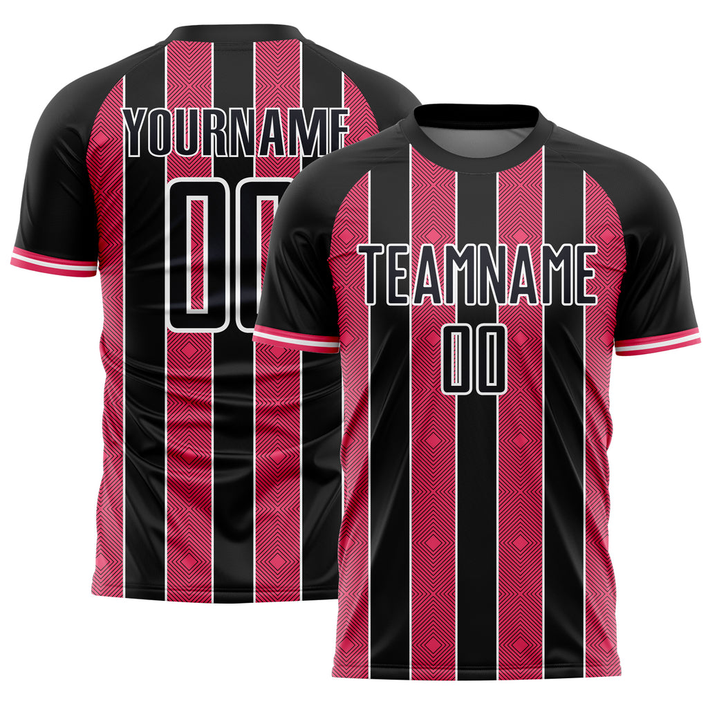 Custom Black Neon Pink-White Pinstripe Line Sports Sublimation Soccer Uniform Jersey