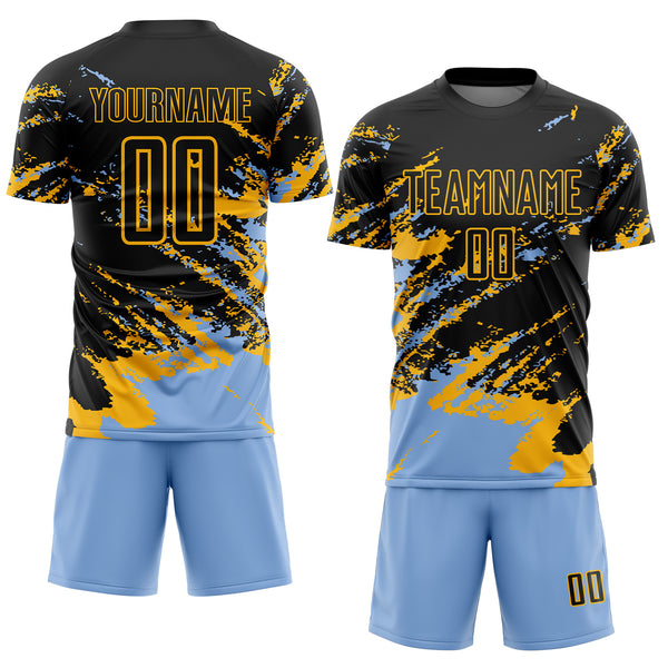 Custom Black Light Blue-Gold Abstract Fragment Art Splash Sports Sublimation Soccer Uniform Jersey