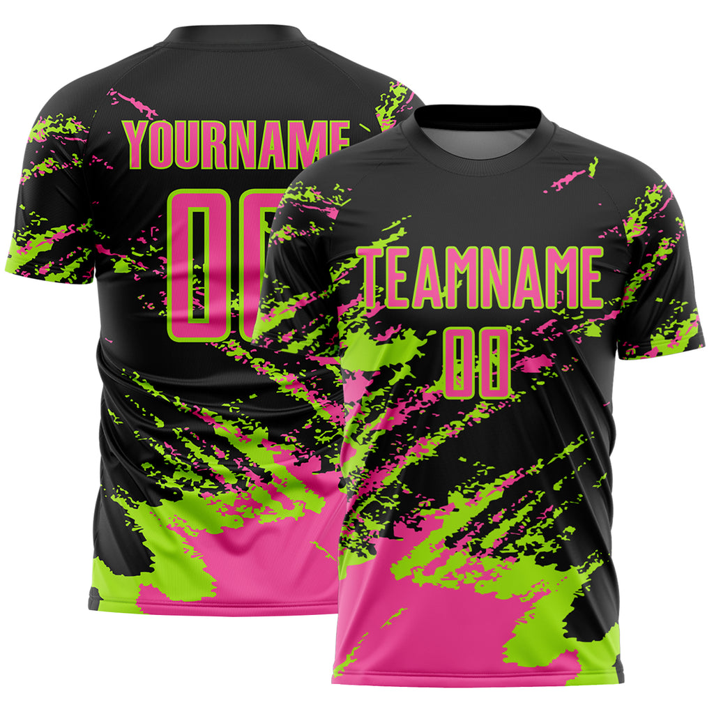 Custom Black Pink-Neon Green Abstract Fragment Art Splash Sports Sublimation Soccer Uniform Jersey
