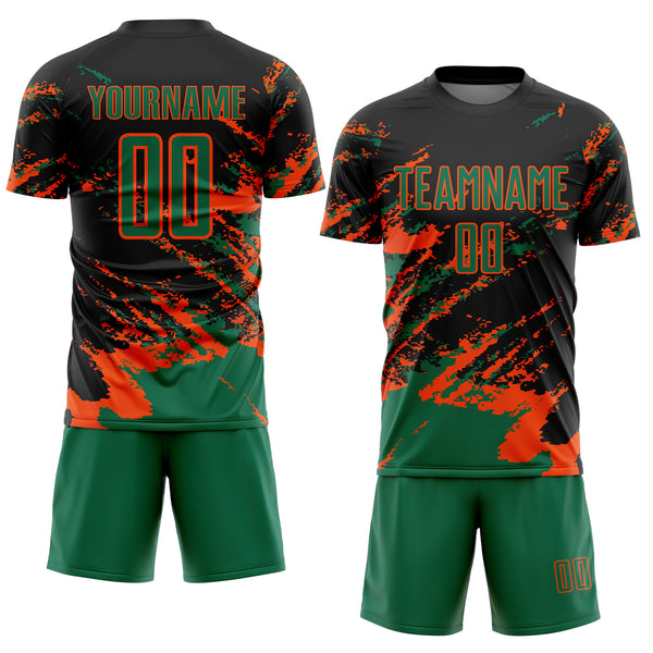 Custom Black Kelly Green-Orange Abstract Fragment Art Splash Sports Sublimation Soccer Uniform Jersey