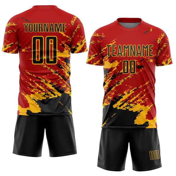 Custom Red Black-Gold Abstract Fragment Art Splash Sports Sublimation Soccer Uniform Jersey