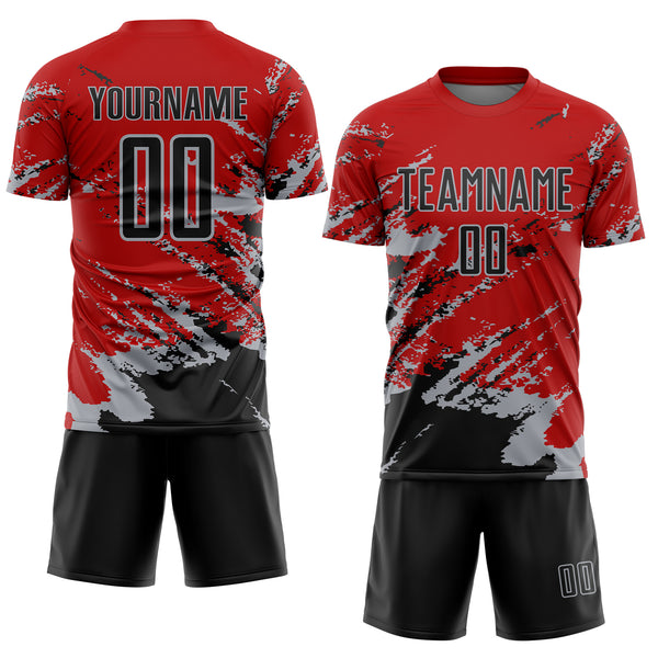 Custom Red Black-Gray Abstract Fragment Art Splash Sports Sublimation Soccer Uniform Jersey