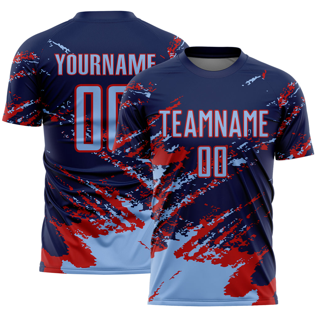 Custom Navy Light Blue-Red Abstract Fragment Art Splash Sports Sublimation Soccer Uniform Jersey