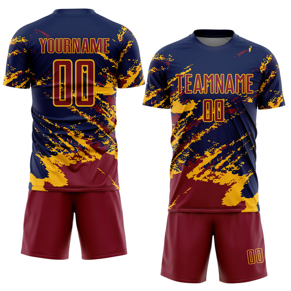 Custom Navy Crimson-Gold Abstract Fragment Art Splash Sports Sublimation Soccer Uniform Jersey