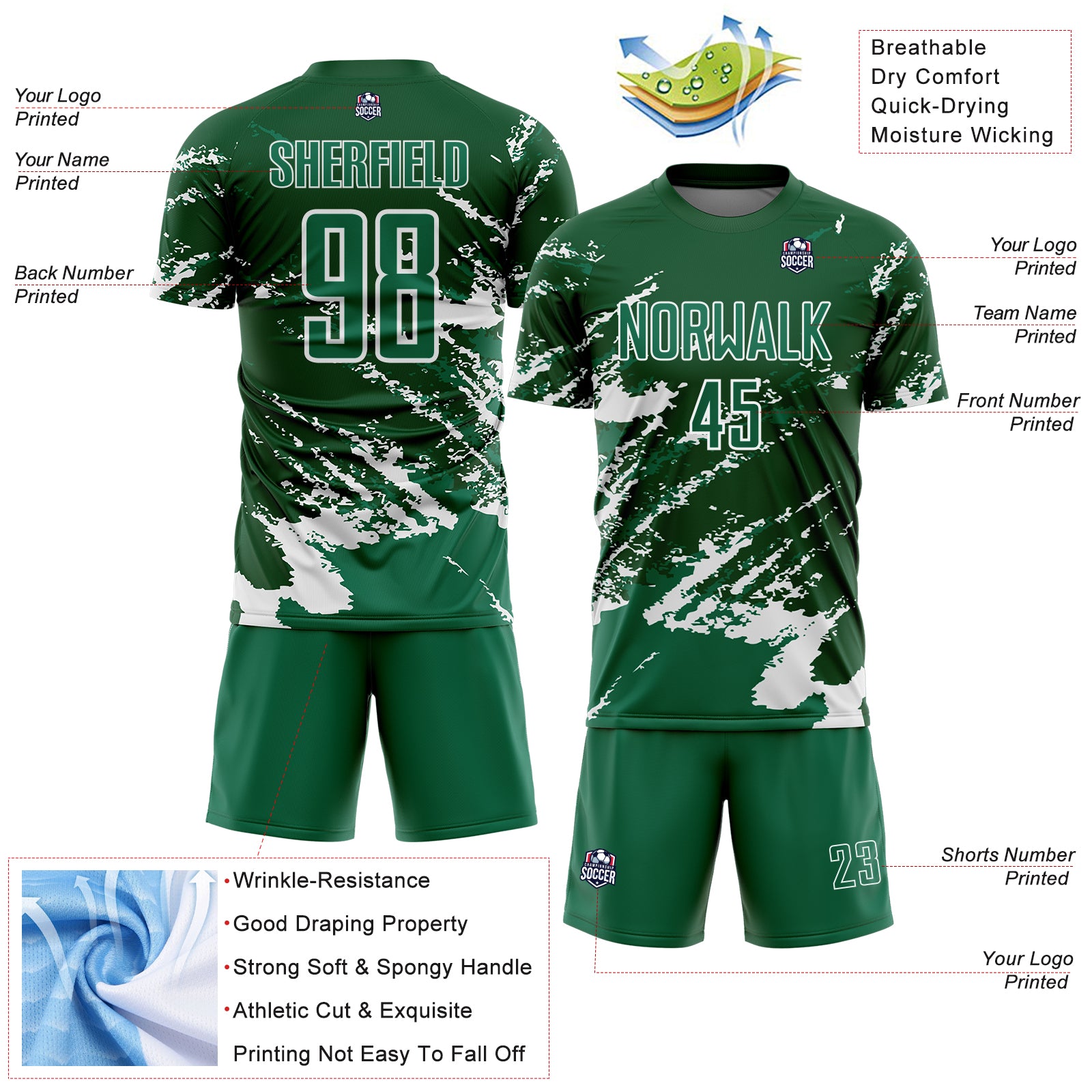 Custom Green Kelly Green-White Abstract Fragment Art Splash Sports Sublimation Soccer Uniform Jersey