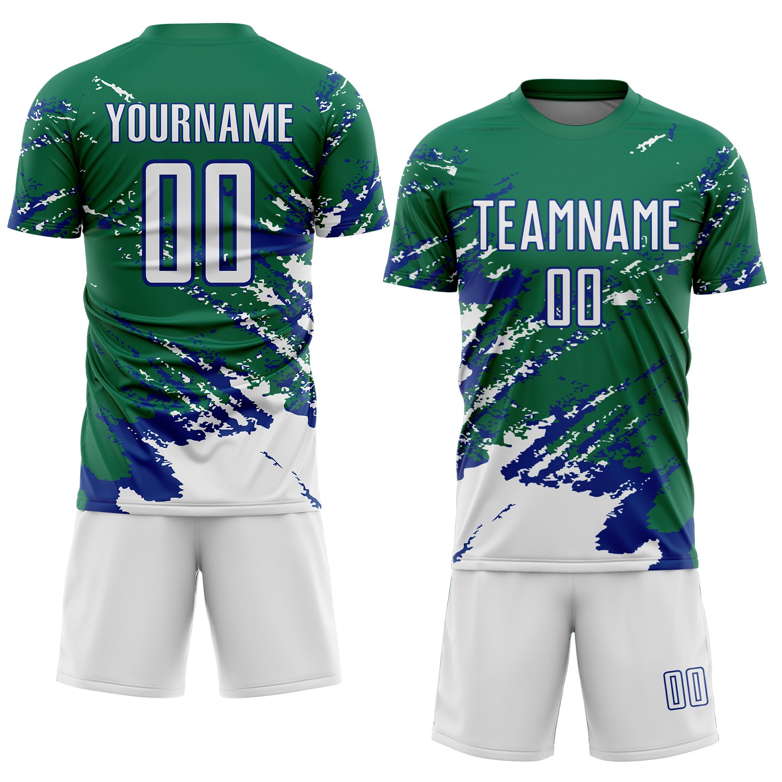 Custom Kelly Green White-Royal Abstract Fragment Art Splash Sports Sublimation Soccer Uniform Jersey