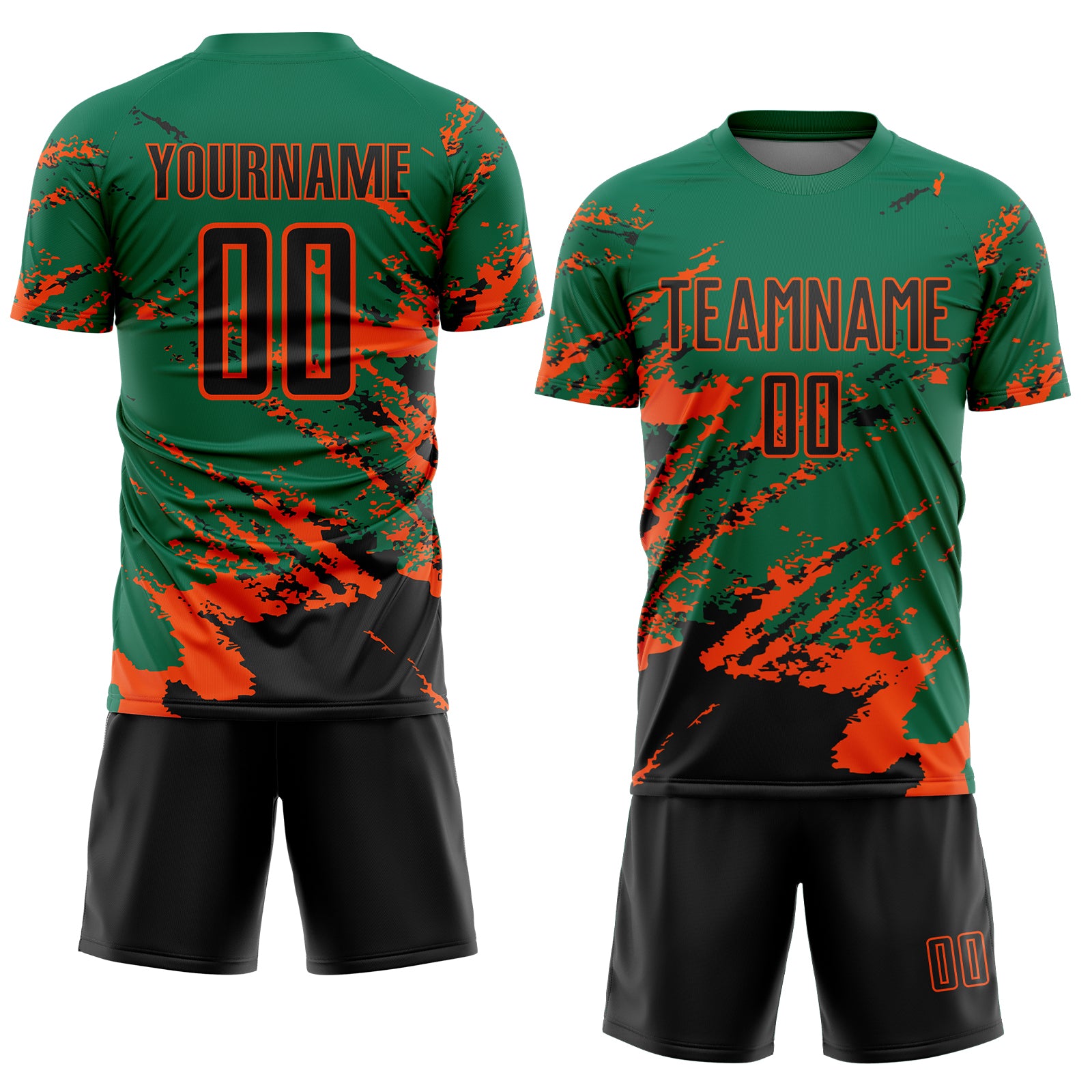 Custom Kelly Green Black-Orange Abstract Fragment Art Splash Sports Sublimation Soccer Uniform Jersey