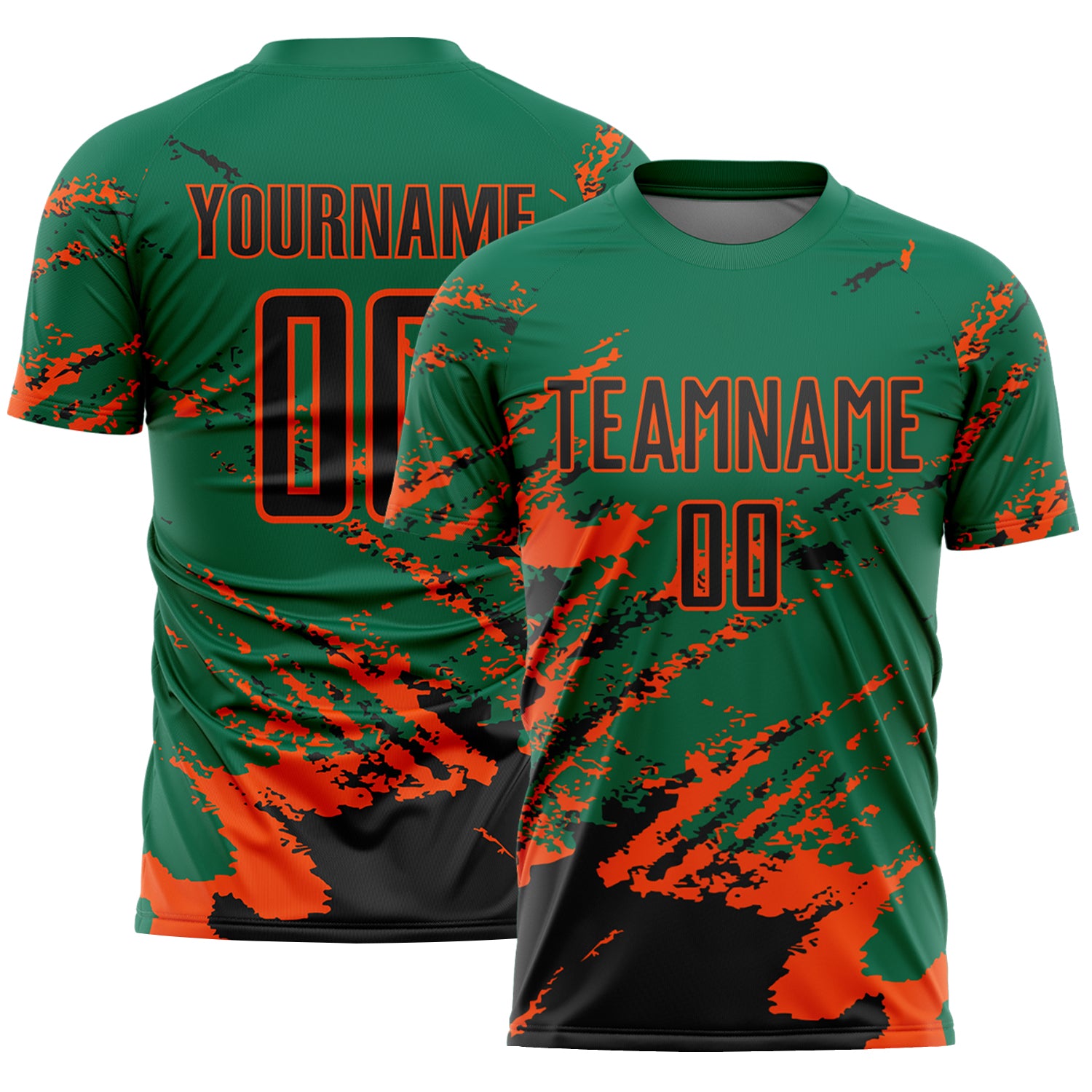 Custom Kelly Green Black-Orange Abstract Fragment Art Splash Sports Sublimation Soccer Uniform Jersey