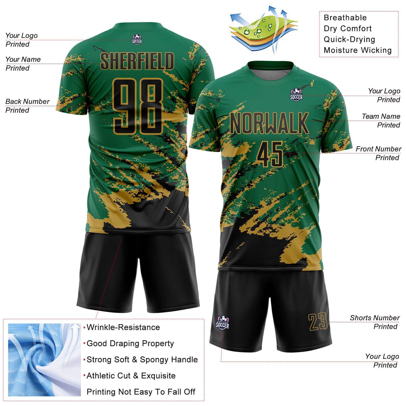 Custom Kelly Green Black-Old Gold Abstract Fragment Art Splash Sports Sublimation Soccer Uniform Jersey