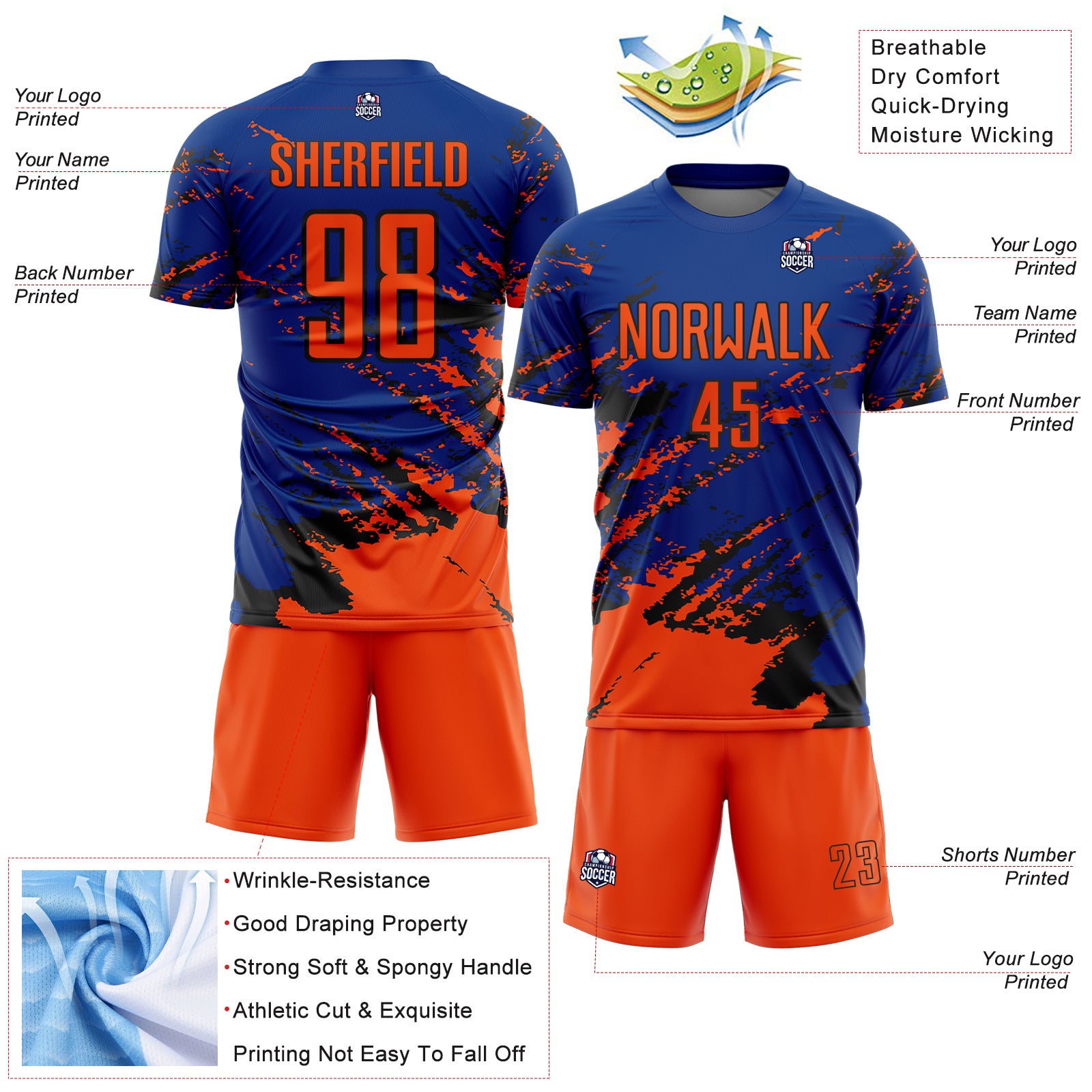 Custom Royal Orange-Black Abstract Fragment Art Splash Sports Sublimation Soccer Uniform Jersey