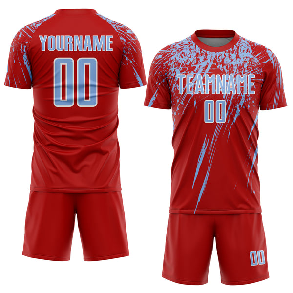 Custom Red Light Blue-White Splash Sports Sublimation Soccer Uniform Jersey