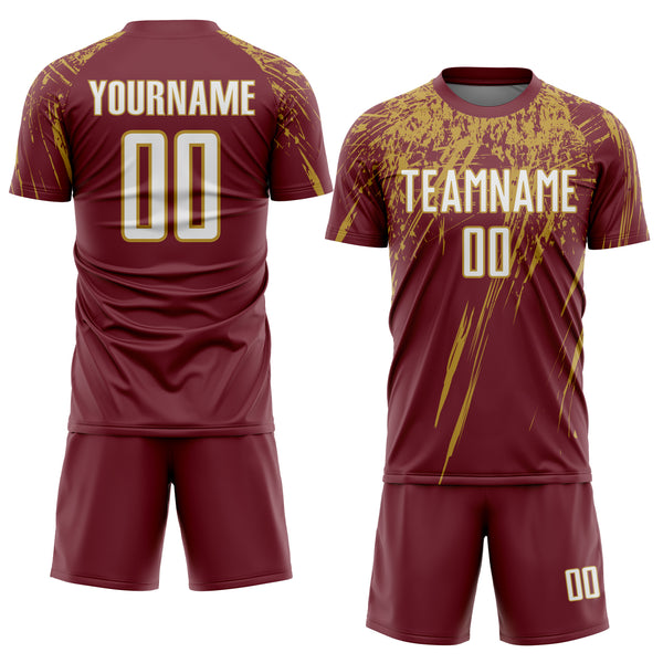 Custom Burgundy White-Old Gold Splash Sports Sublimation Soccer Uniform Jersey