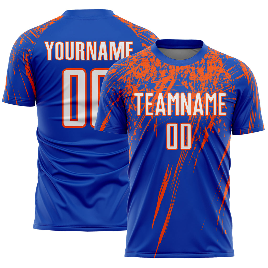Custom Thunder Blue White-Orange Splash Sports Sublimation Soccer Uniform Jersey