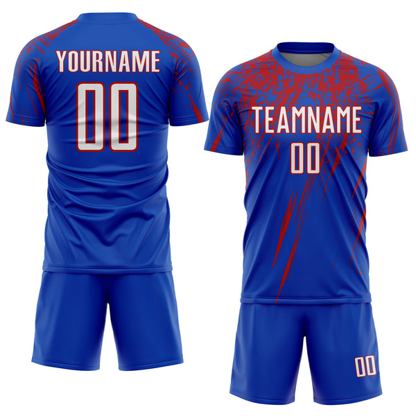 Custom Thunder Blue White-Red Splash Sports Sublimation Soccer Uniform Jersey