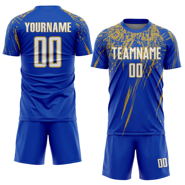 Custom Thunder Blue White-Old Gold Splash Sports Sublimation Soccer Uniform Jersey