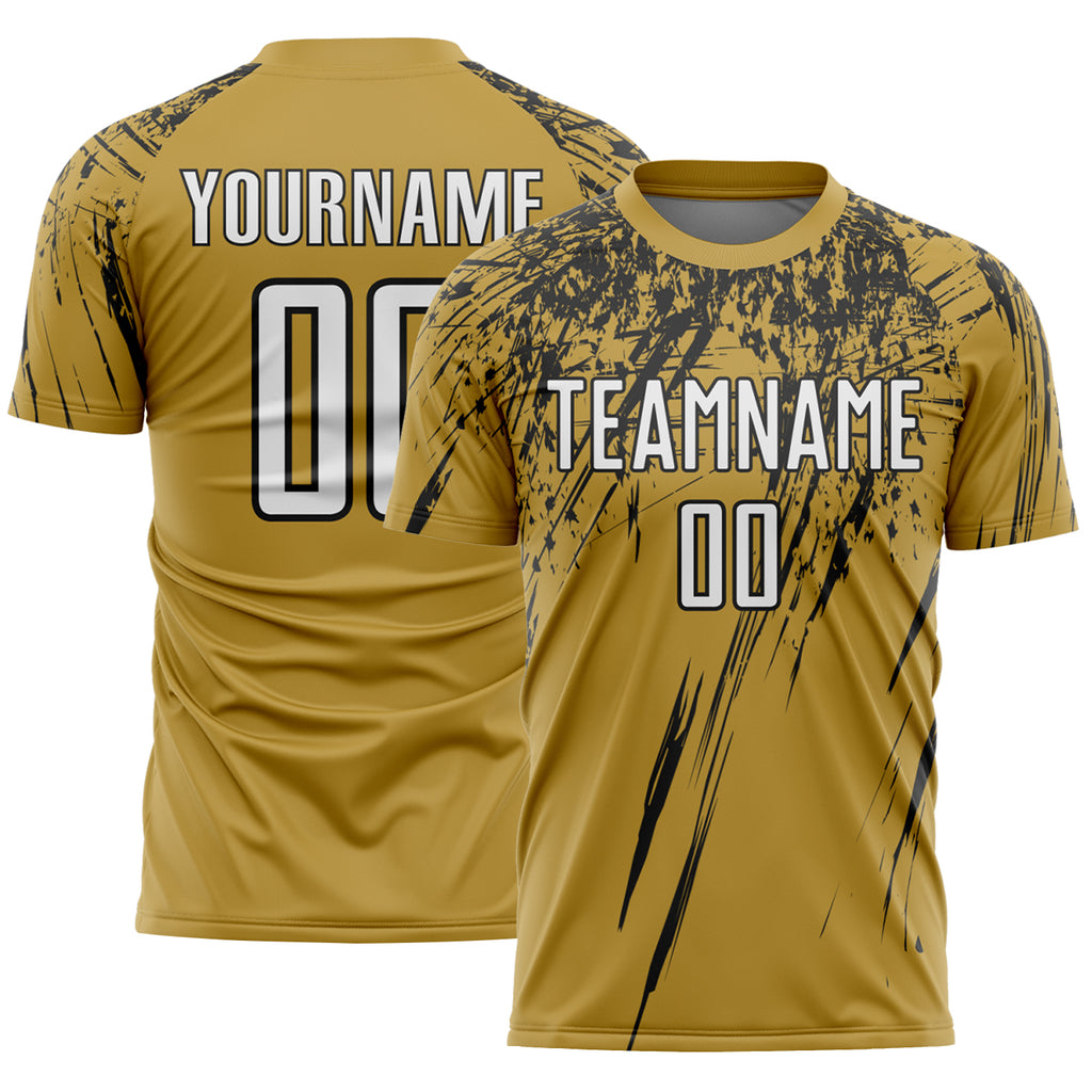Custom Old Gold White-Black Splash Sports Sublimation Soccer Uniform Jersey