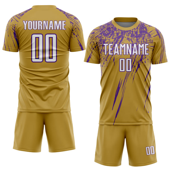 Custom Old Gold White-Purple Splash Sports Sublimation Soccer Uniform Jersey