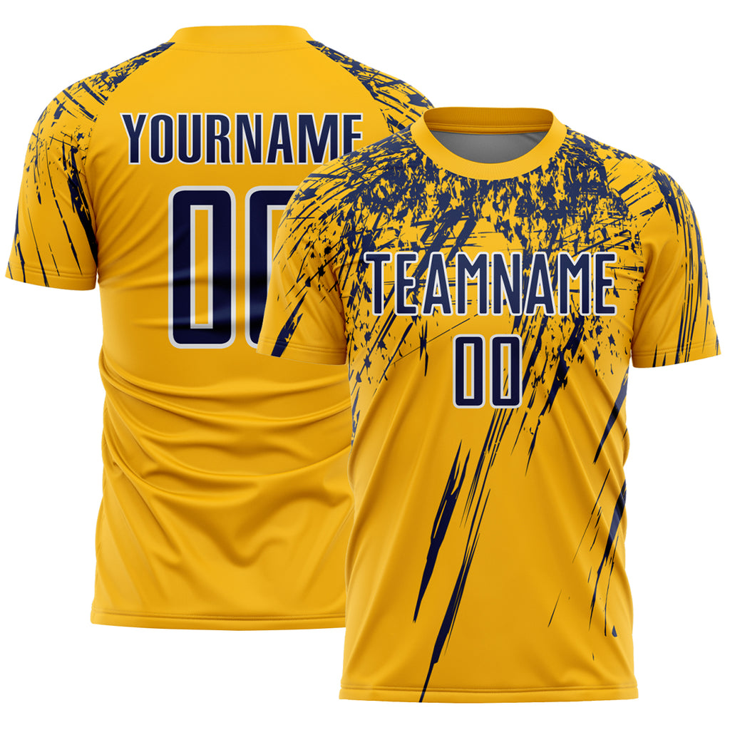 Custom Gold Navy-White Splash Sports Sublimation Soccer Uniform Jersey