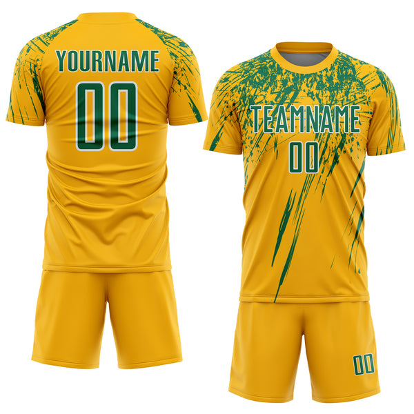Custom Gold Kelly Green-White Splash Sports Sublimation Soccer Uniform Jersey