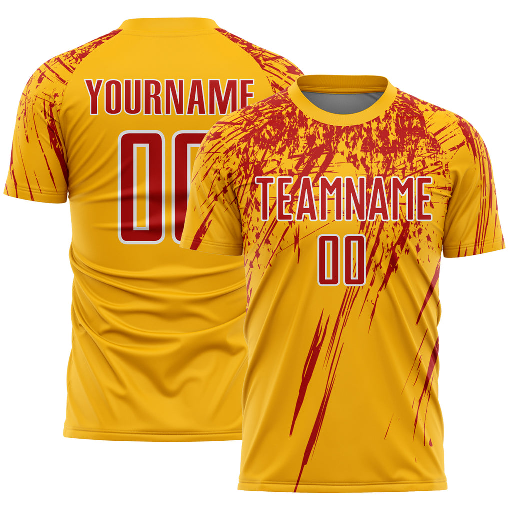 Custom Gold Red-White Splash Sports Sublimation Soccer Uniform Jersey