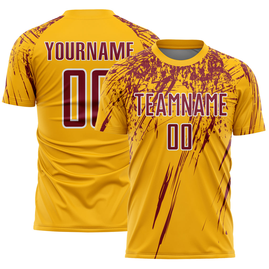 Custom Gold Crimson-White Splash Sports Sublimation Soccer Uniform Jersey