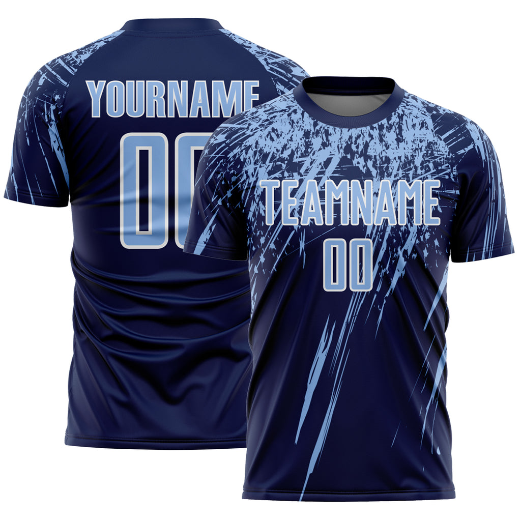 Custom Navy Light Blue-White Splash Sports Sublimation Soccer Uniform Jersey