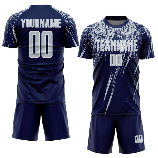 Custom Navy Silver-White Splash Sports Sublimation Soccer Uniform Jersey