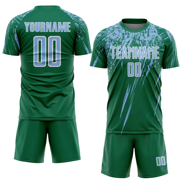 Custom Kelly Green Light Blue-White Splash Sports Sublimation Soccer Uniform Jersey