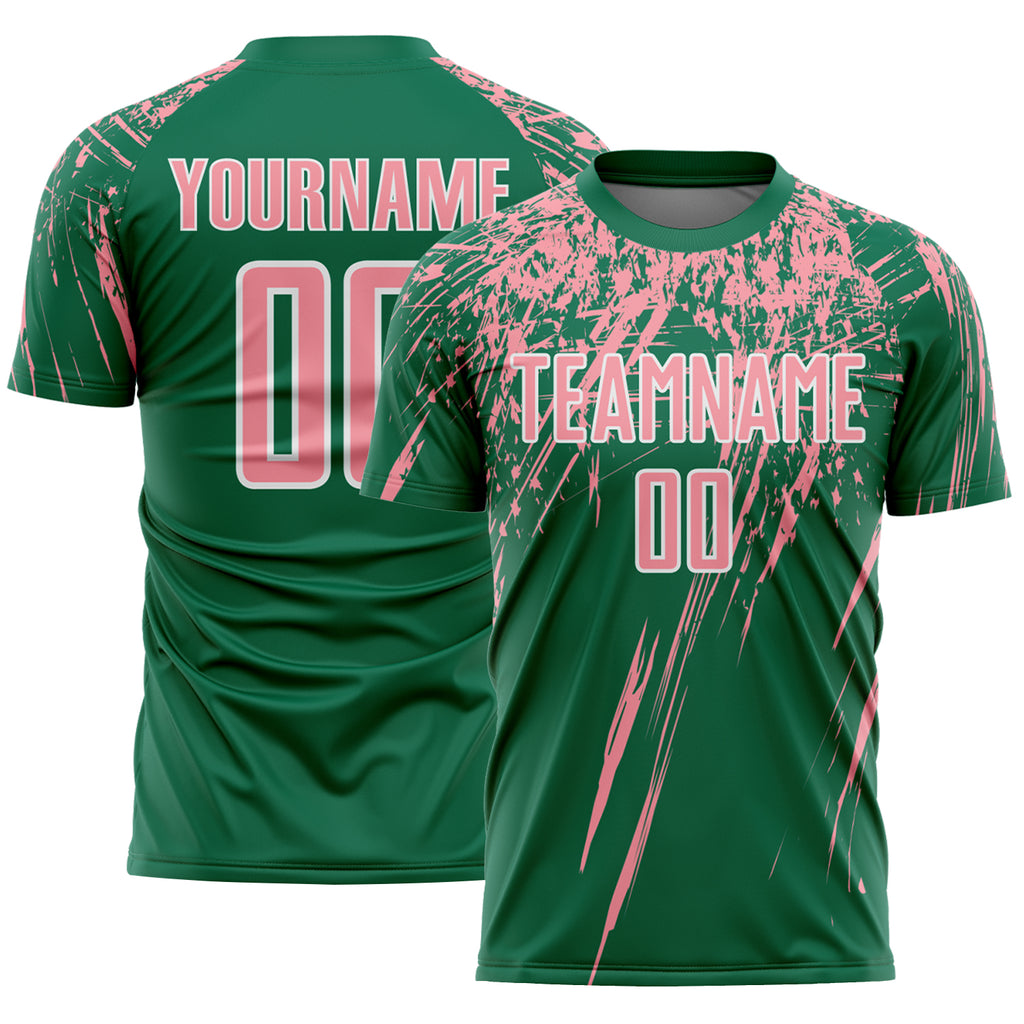 Custom Kelly Green Medium Pink-White Splash Sports Sublimation Soccer Uniform Jersey