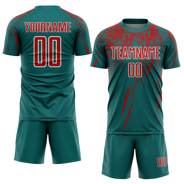 Custom Teal Red-White Splash Sports Sublimation Soccer Uniform Jersey