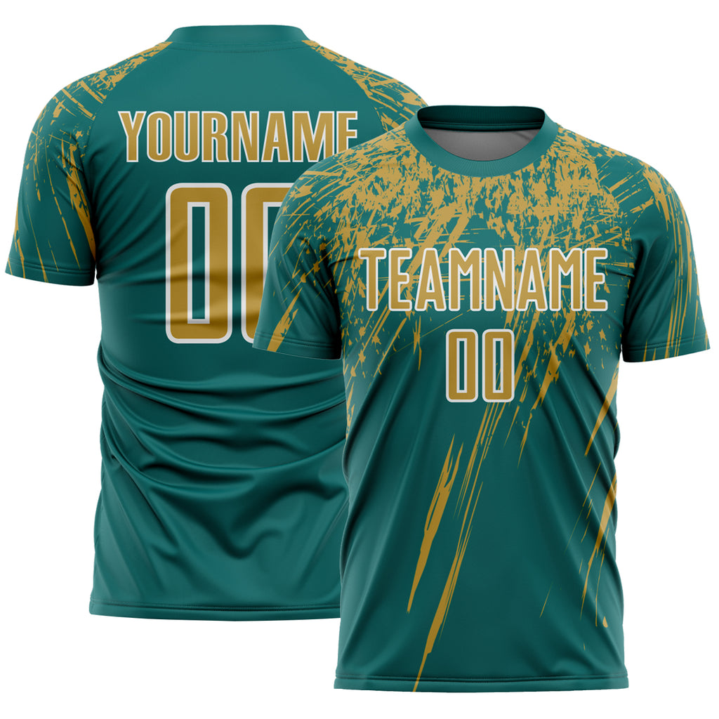Custom Teal Old Gold-White Splash Sports Sublimation Soccer Uniform Jersey