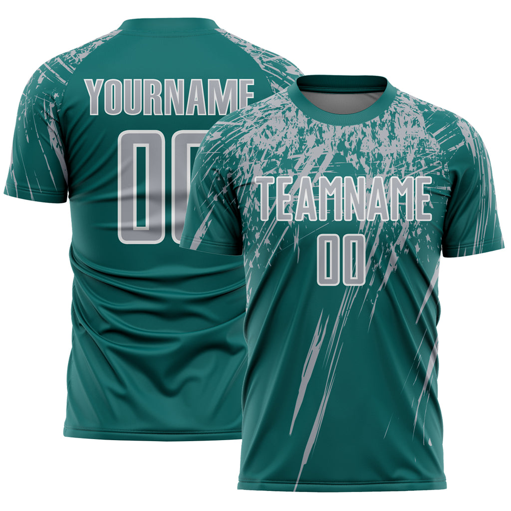 Custom Teal Gray-White Splash Sports Sublimation Soccer Uniform Jersey
