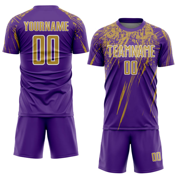 Custom Purple Old Gold-White Splash Sports Sublimation Soccer Uniform Jersey