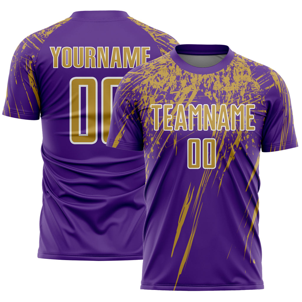 Custom Purple Old Gold-White Splash Sports Sublimation Soccer Uniform Jersey