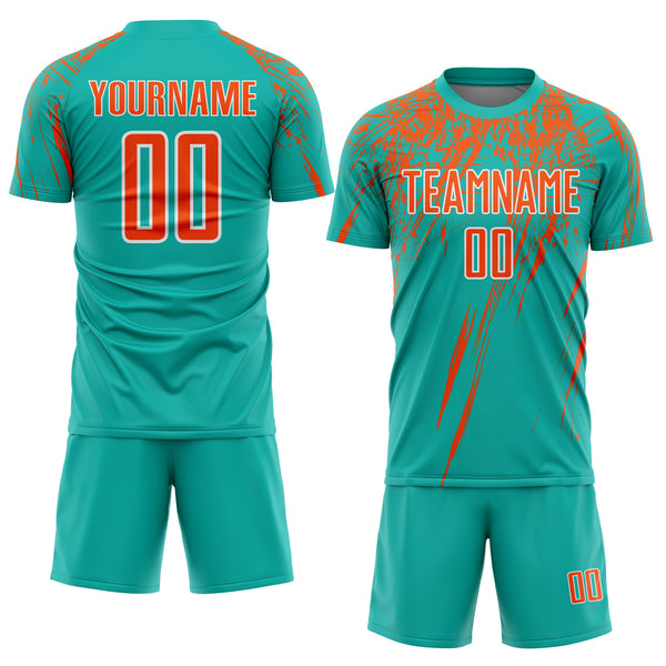 Custom Aqua Orange-White Splash Sports Sublimation Soccer Uniform Jersey